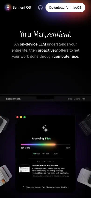 Sentient OS mobile homepage design evidence. Mobile viewport evidence; animated text state captured.