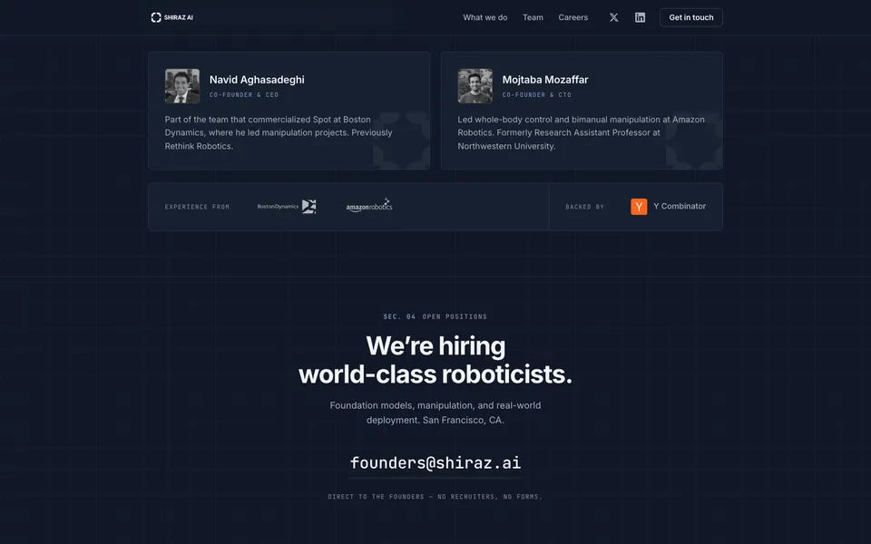Shiraz AI closing homepage design evidence. Visible section: Navid Aghasadeghi · Mojtaba Mozaffar