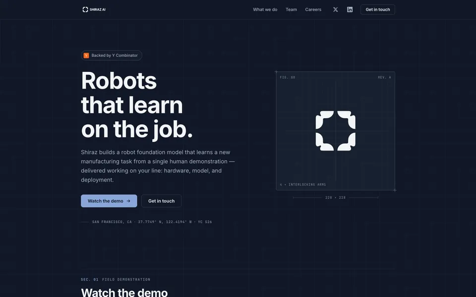 Shiraz AI hero homepage design evidence. Visible section: Robots that learn on the job. · Watch the demo