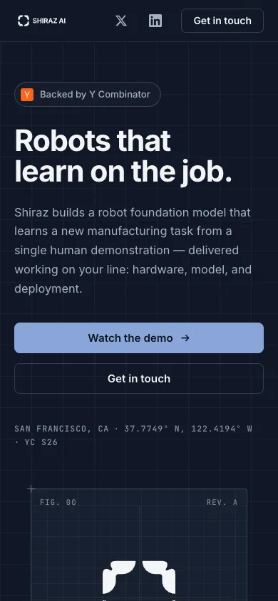 Shiraz AI mobile homepage design evidence. Visible section: Robots that learn on the job.