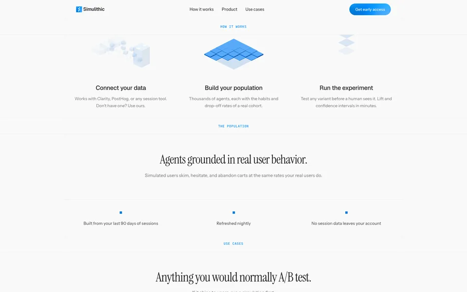 Simulithic mid-page homepage design evidence. Mid-page viewport evidence; animated text state captured.