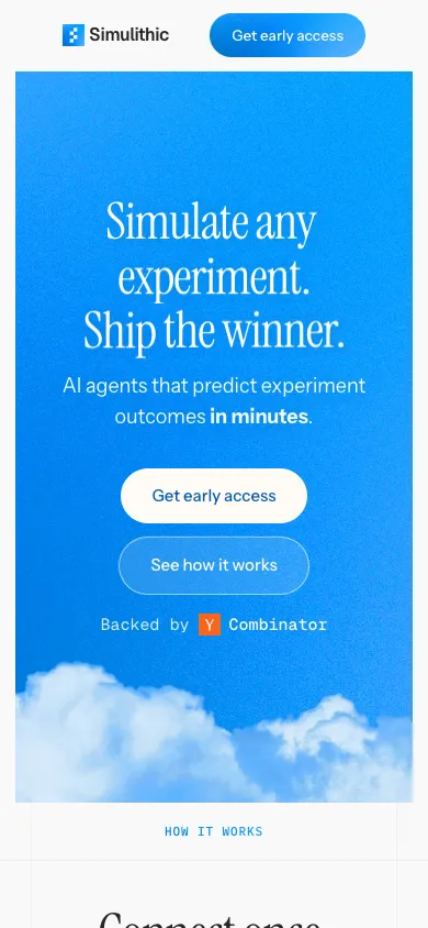 Simulithic mobile homepage design evidence. Mobile viewport evidence; animated text state captured.