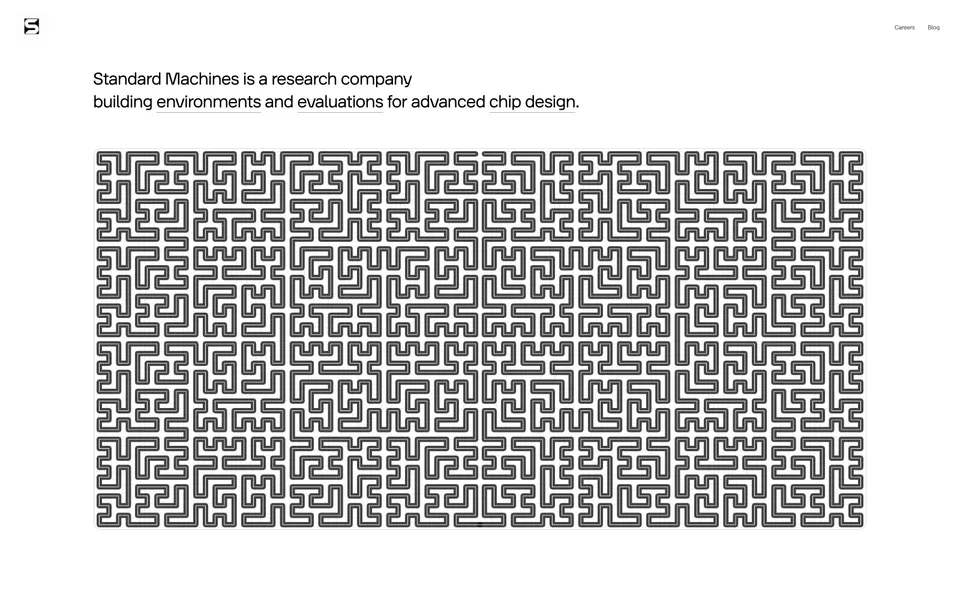 Standard Machines hero homepage design evidence. Visible section: Standard Machines is a research company building environments and evaluations for advanced chip design.