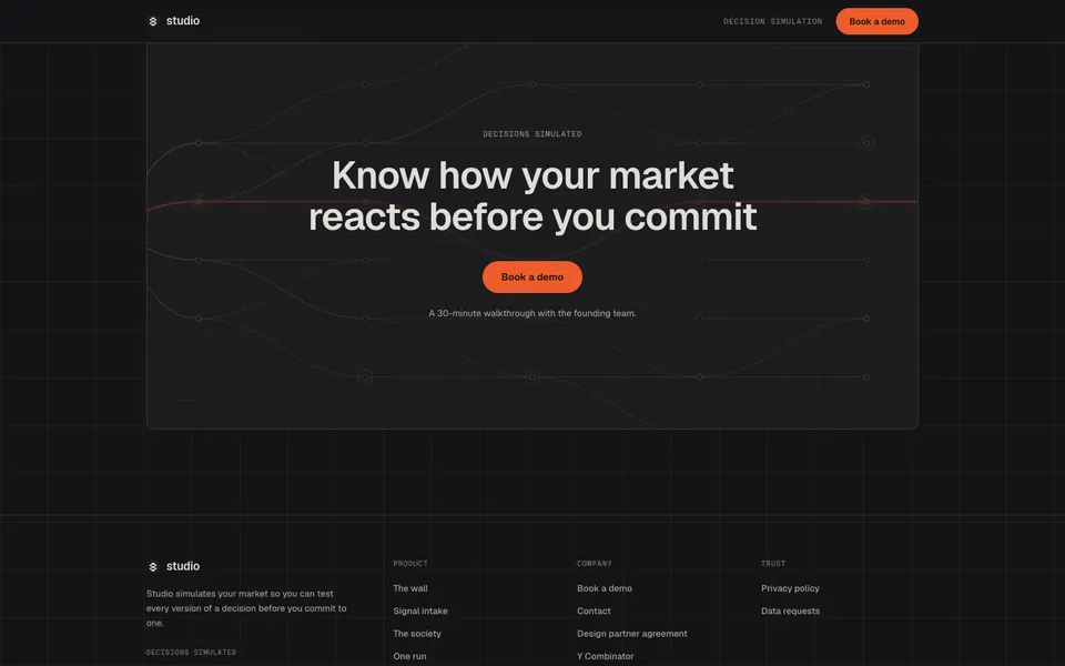 Studio closing homepage design evidence. Closing viewport evidence; animated text state captured.