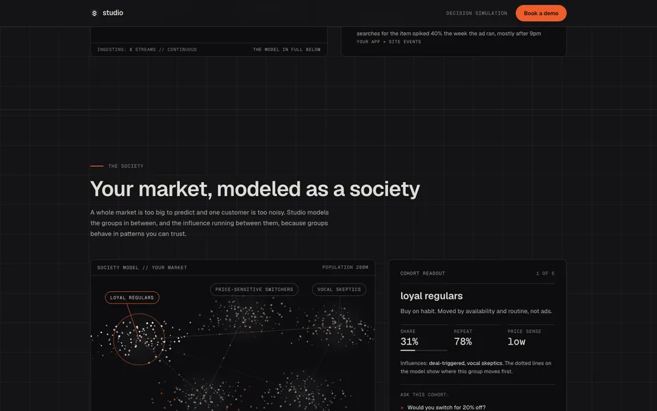 Studio mid-page homepage design evidence. Mid-page viewport evidence; animated text state captured.
