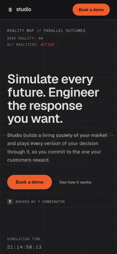Studio mobile homepage design evidence. Mobile viewport evidence; animated text state captured.