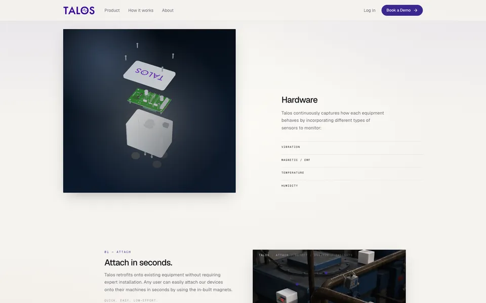 Talos mid-page homepage design evidence. Mid-page viewport evidence; animated text state captured.