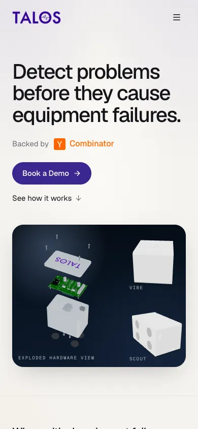 Talos mobile homepage design evidence. Mobile viewport evidence; animated text state captured.