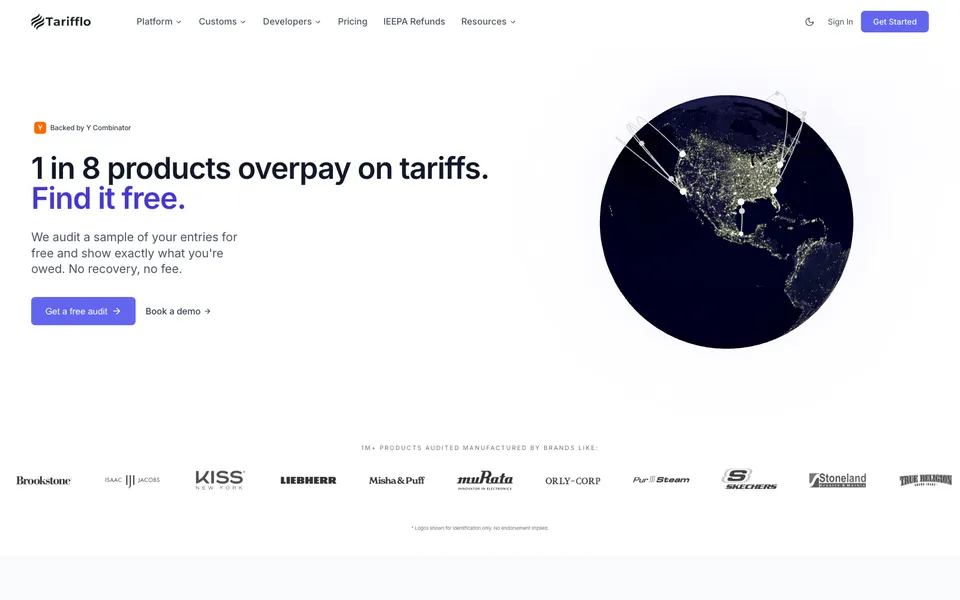 Tarifflo Inc. hero homepage design evidence. Hero viewport evidence; animated text state captured.