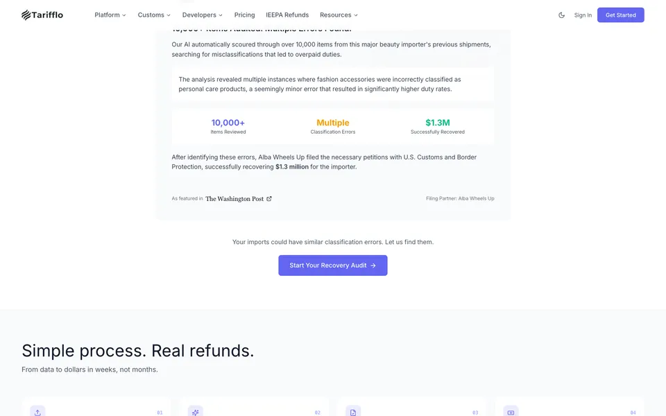 Tarifflo Inc. mid-page homepage design evidence. Mid-page viewport evidence; animated text state captured.