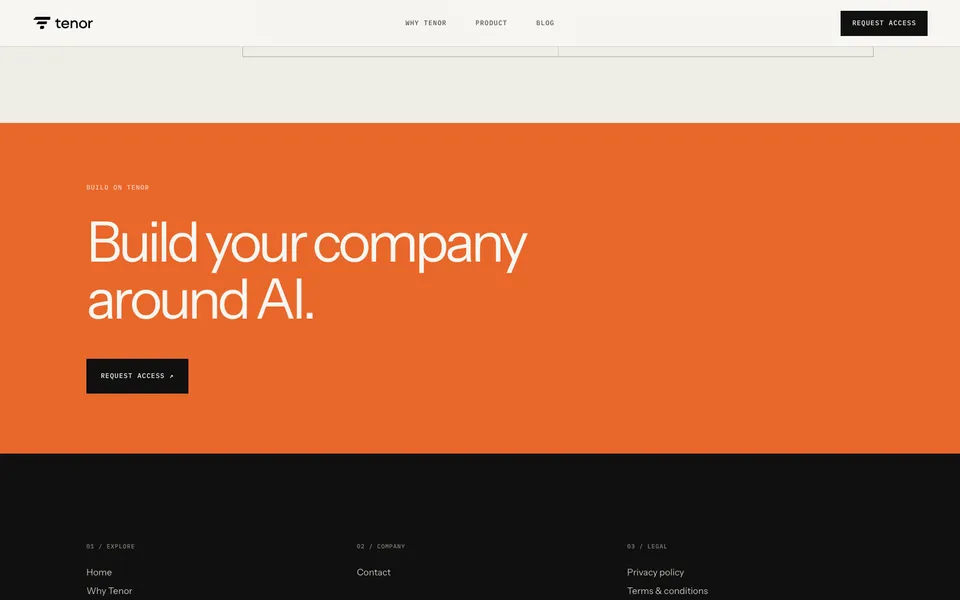 Tenor closing homepage design evidence. Visible section: Build your company around AI.