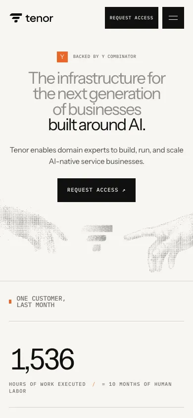 Tenor mobile homepage design evidence. Visible section: The infrastructure for the next generation of businesses built around AI.