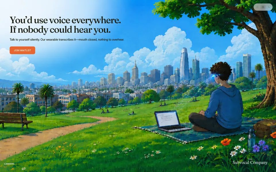 The Subvocal Company hero homepage design evidence. Visible section: You’d use voice everywhere. If nobody could hear you.