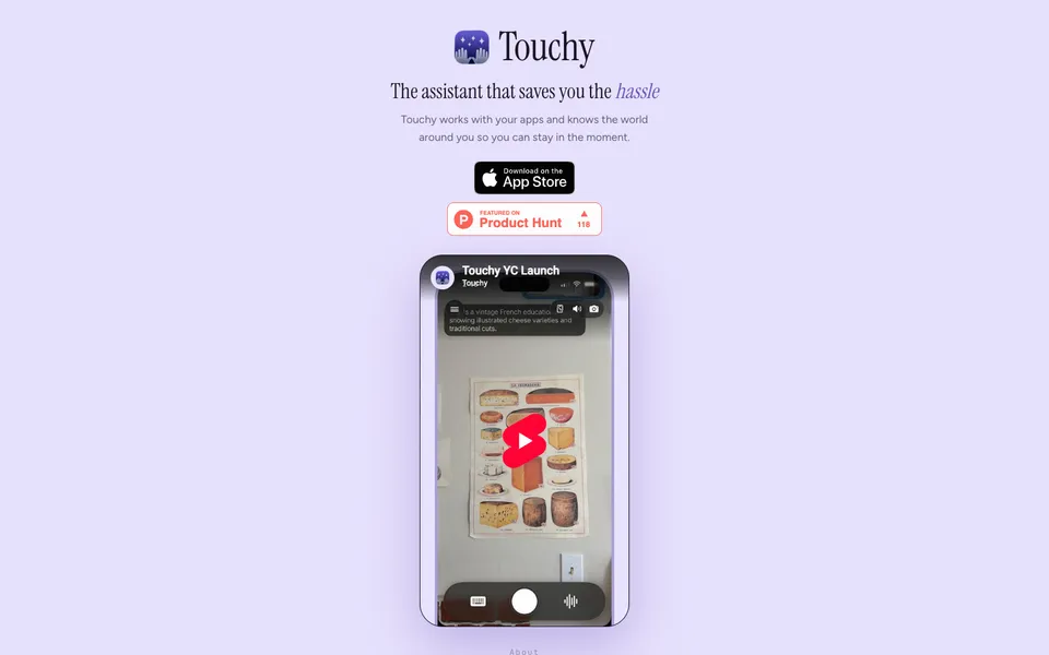 Touchy hero homepage design evidence. Visible section: Touchy