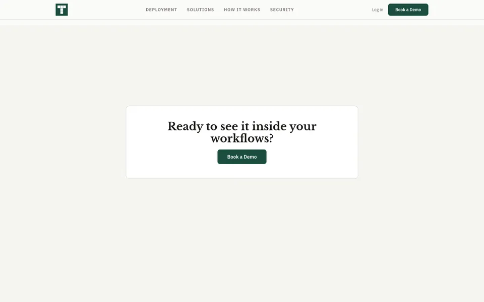 TovenAI closing homepage design evidence. Visible section: Ready to see it inside your workflows?