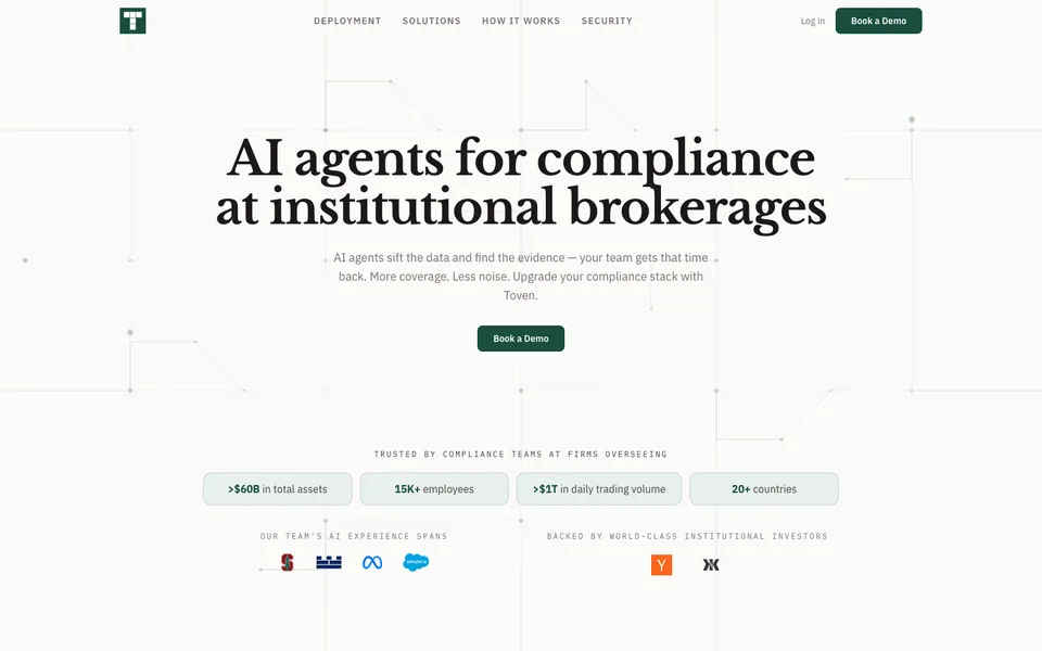 TovenAI hero homepage design evidence. Visible section: AI agents for compliance at institutional brokerages