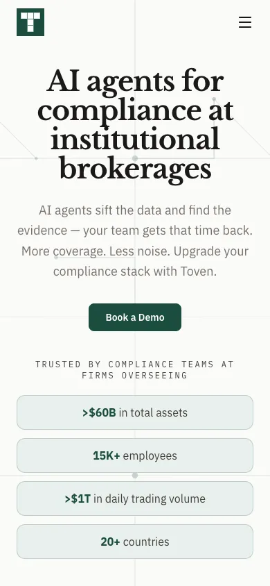TovenAI mobile homepage design evidence. Visible section: AI agents for compliance at institutional brokerages