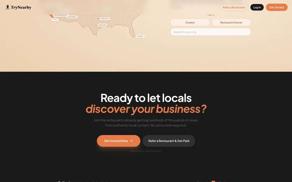 TryNearby closing homepage design evidence. Closing viewport evidence; animated text state captured.