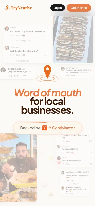 TryNearby mobile homepage design evidence. Mobile viewport evidence; animated text state captured.