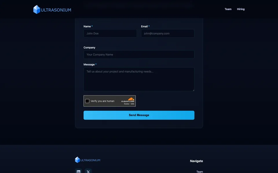 Ultrasonium closing homepage design evidence. Visible section: For partnerships, investment, or general inquiries, reach out to our team.