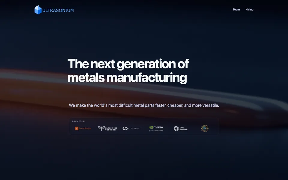 Ultrasonium hero homepage design evidence. Visible section: The next generation of metals manufacturing