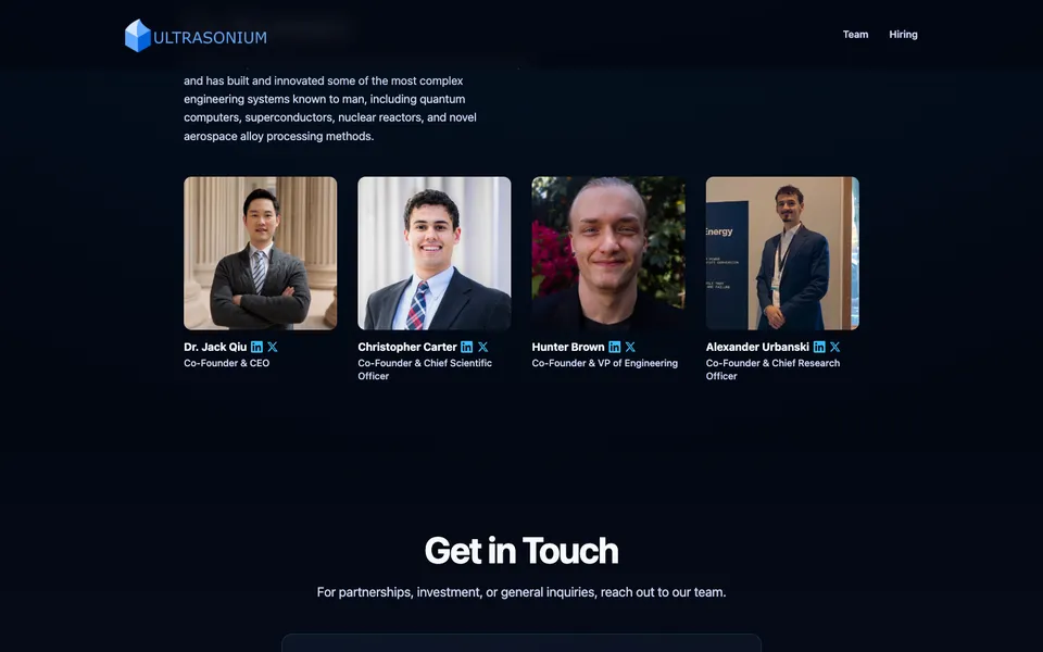 Ultrasonium mid-page homepage design evidence. Visible section: Co-Founders · Dr. Jack Qiu
