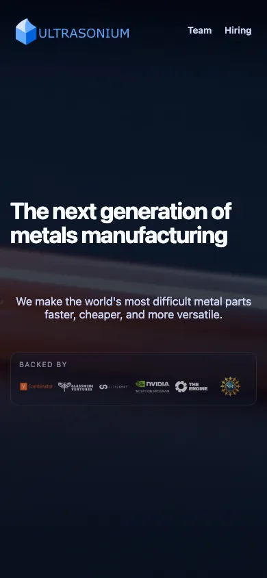 Ultrasonium mobile homepage design evidence. Visible section: The next generation of metals manufacturing