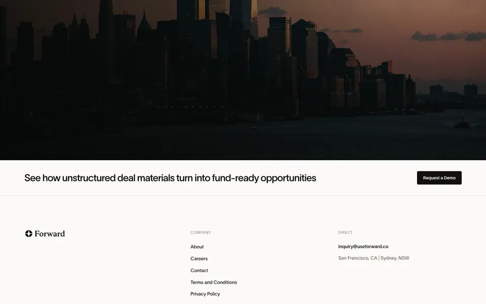Forward closing homepage design evidence. Visible section: See how unstructured deal materials turn into fund-ready opportunities