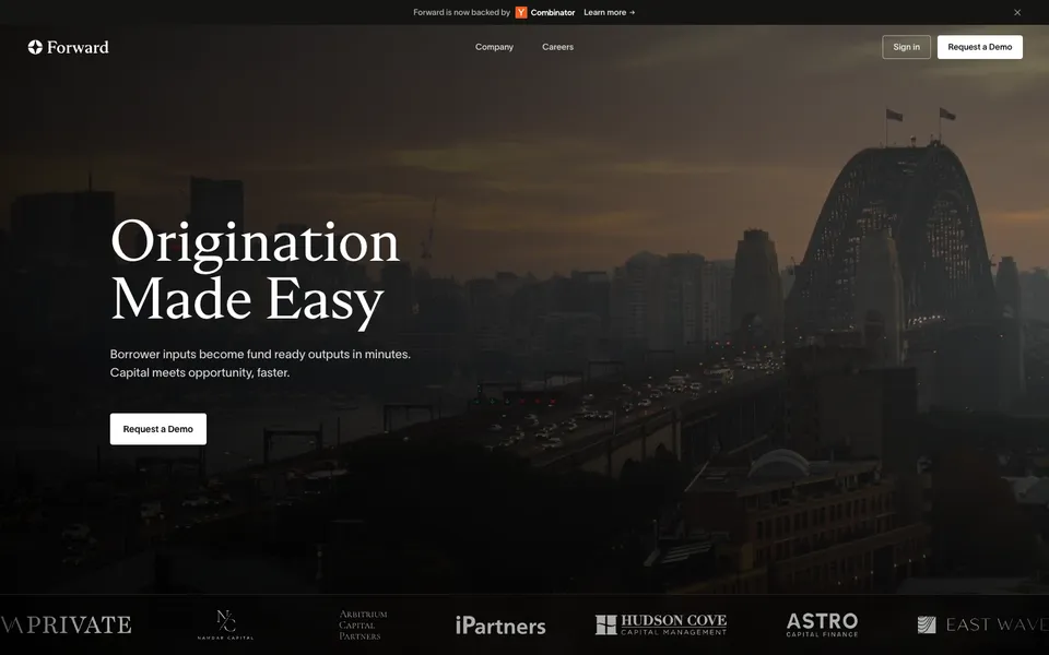 Forward hero homepage design evidence. Visible section: Origination Made Easy