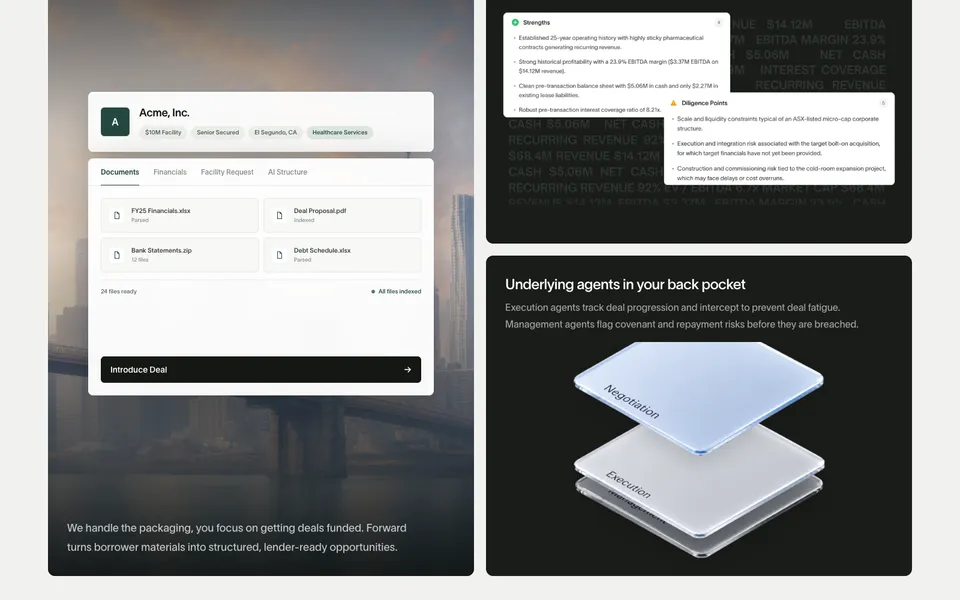 Forward mid-page homepage design evidence. Visible section: Underlying agents in your back pocket