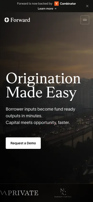 Forward mobile homepage design evidence. Visible section: Origination Made Easy