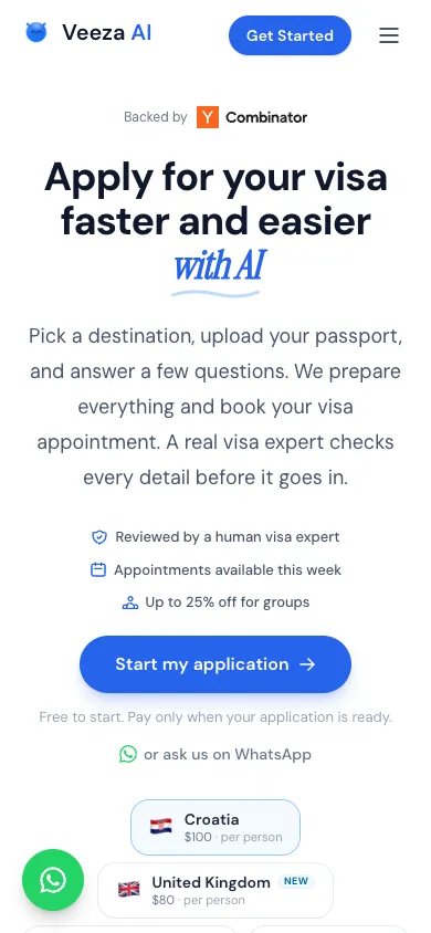 Veeza AI mobile homepage design evidence. Mobile viewport evidence; animated text state captured.