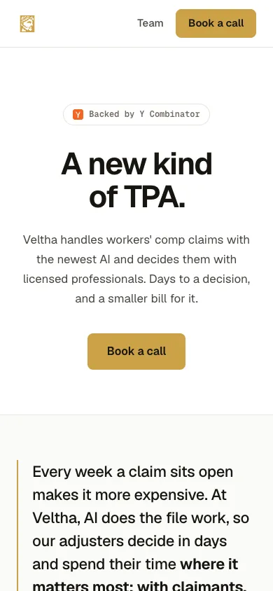 Veltha mobile homepage design evidence. Visible section: A new kind of TPA.