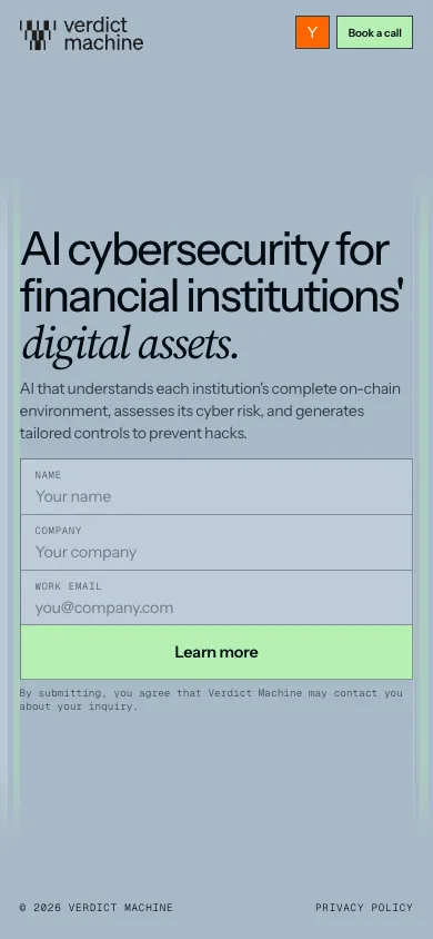 Verdict Machine mobile homepage design evidence. Visible section: AI cybersecurity for financial institutions' digital assets.