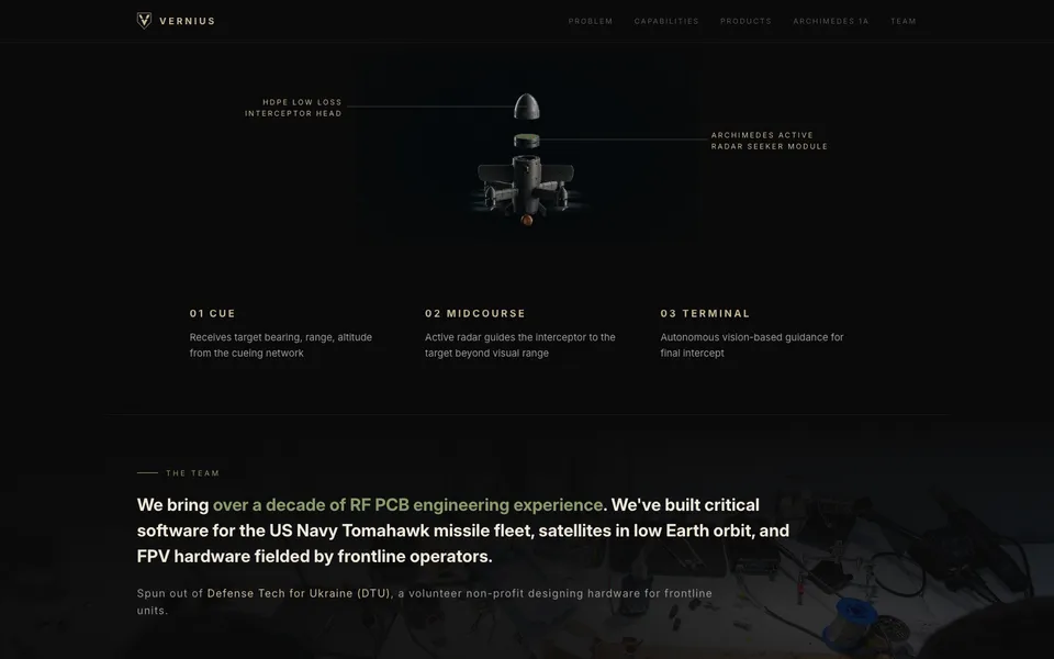 Vernius Systems, Inc. closing homepage design evidence. Visible section: We bring over a decade of RF PCB engineering experience. We've built critical software for the US Navy Tomahawk…