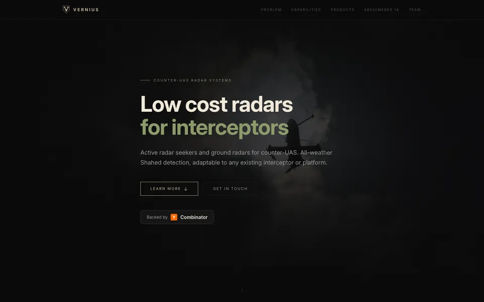 Vernius Systems, Inc. hero homepage design evidence. Visible section: Low cost radars for interceptors