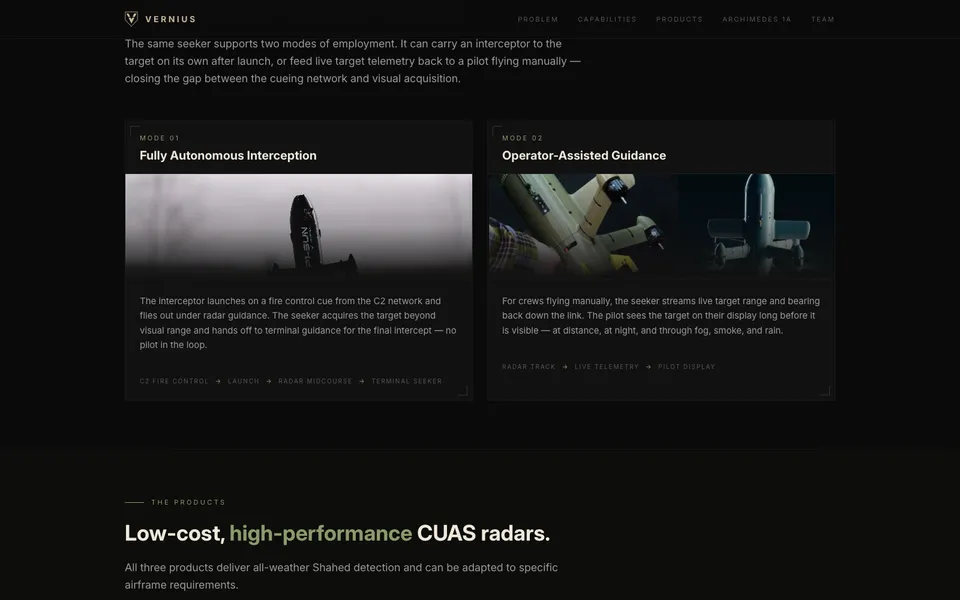 Vernius Systems, Inc. mid-page homepage design evidence. Visible section: Low-cost, high-performance CUAS radars.