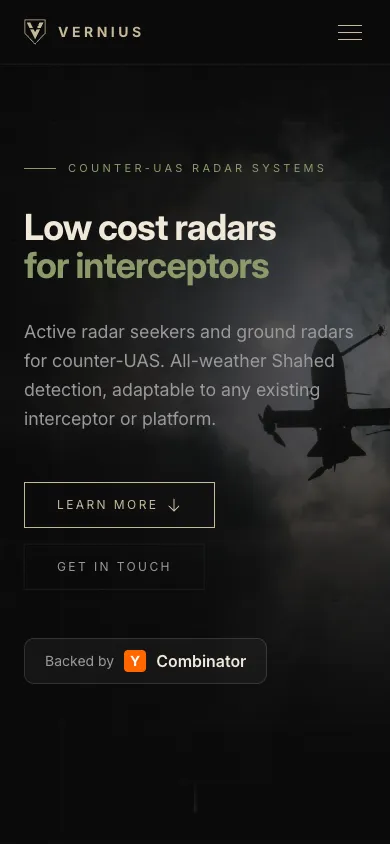 Vernius Systems, Inc. mobile homepage design evidence. Visible section: Low cost radars for interceptors