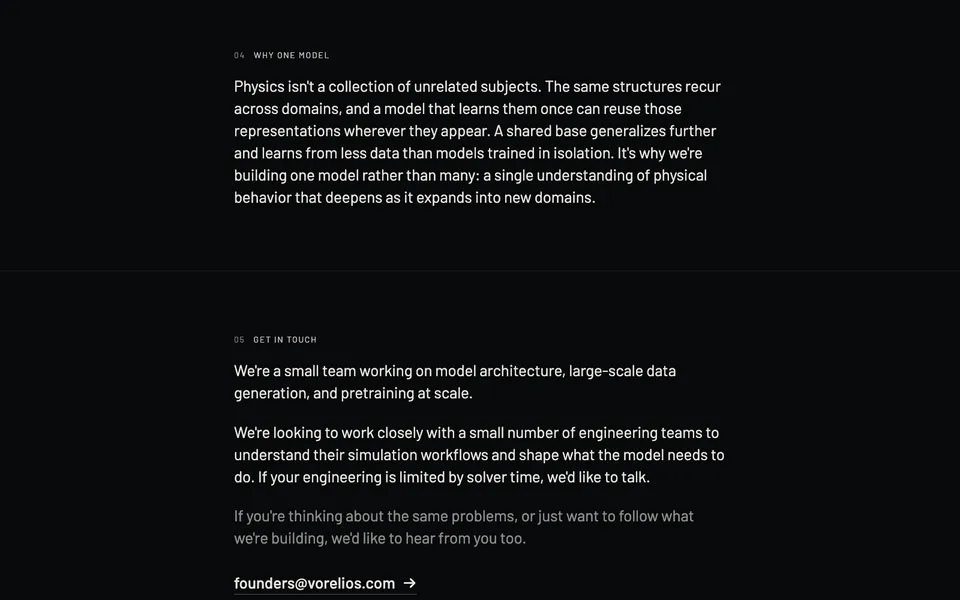 Vorelios closing homepage design evidence. Visible section: 04 Why one model · 05 Get in touch