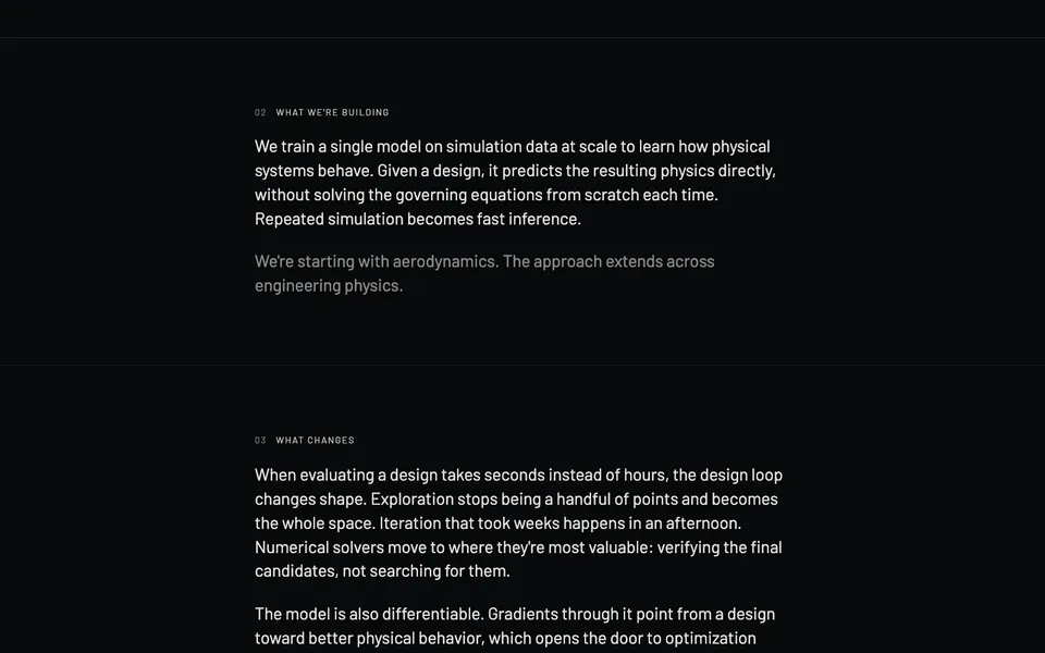 Vorelios mid-page homepage design evidence. Visible section: 02 What we're building · 03 What changes