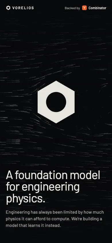 Vorelios mobile homepage design evidence. Visible section: A foundation model for engineering physics.