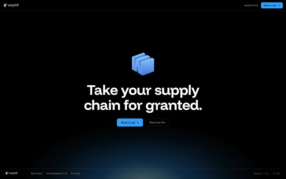 Waybill closing homepage design evidence. Closing viewport evidence; animated text state captured.