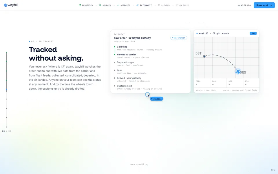 Waybill mid-page homepage design evidence. Mid-page viewport evidence; animated text state captured.
