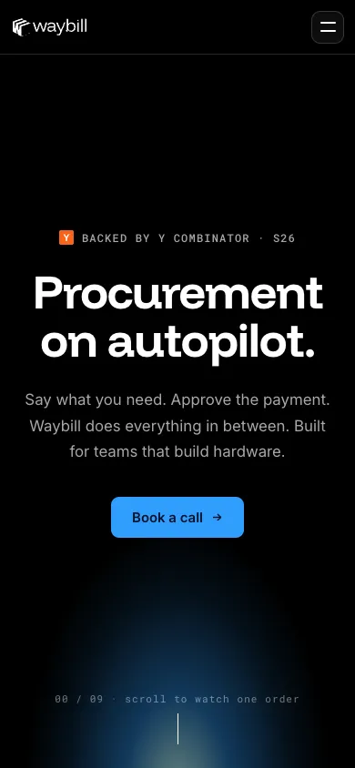 Waybill mobile homepage design evidence. Mobile viewport evidence; animated text state captured.