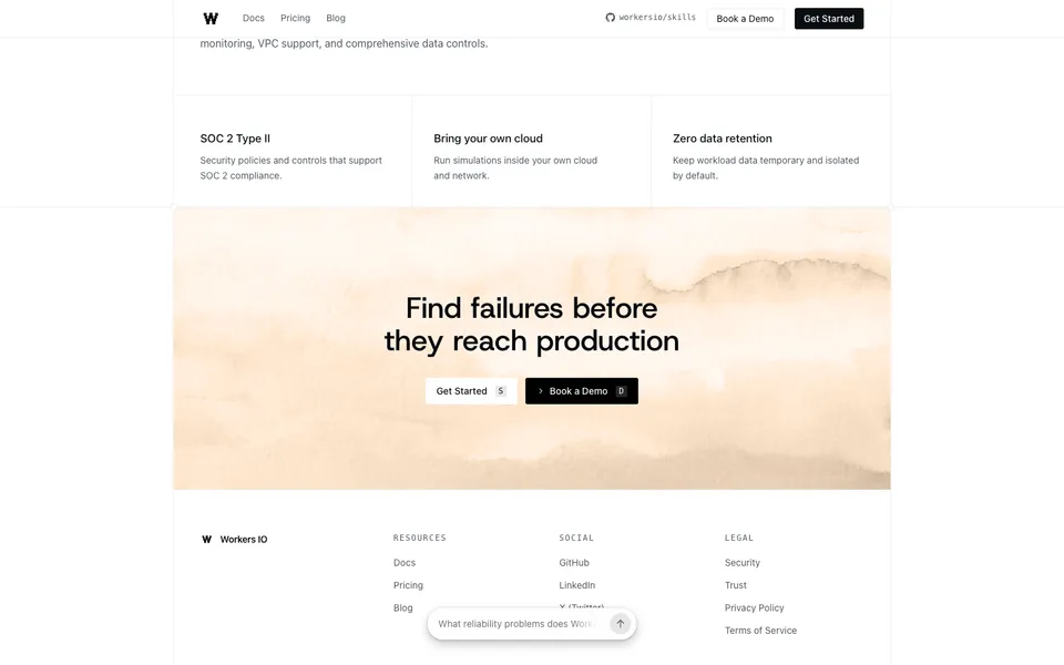 Workers IO closing homepage design evidence. Visible section: Find failures before they reach production