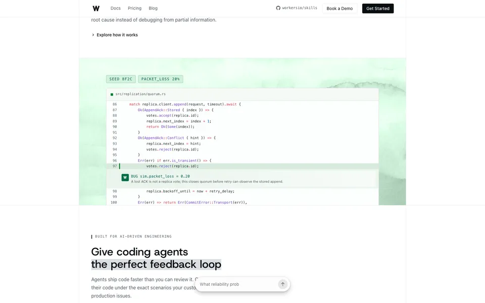 Workers IO mid-page homepage design evidence. Visible section: Give coding agents the perfect feedback loop