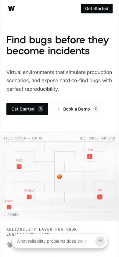 Workers IO mobile homepage design evidence. Visible section: Find bugs before they become incidents
